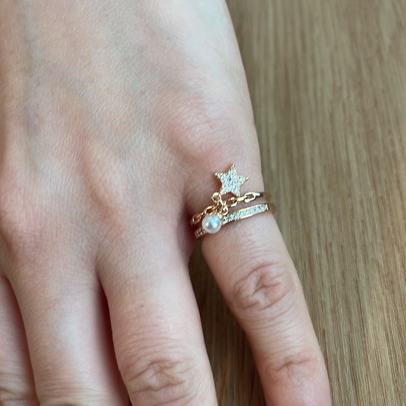 Gold Color Ring for Women Classic Adjustable Imitation Pearl CZ Star Pendant - Picture 7 of 7